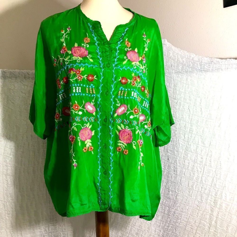 Kyla Seo Green Embroidered Viscose Peasant Top Size M